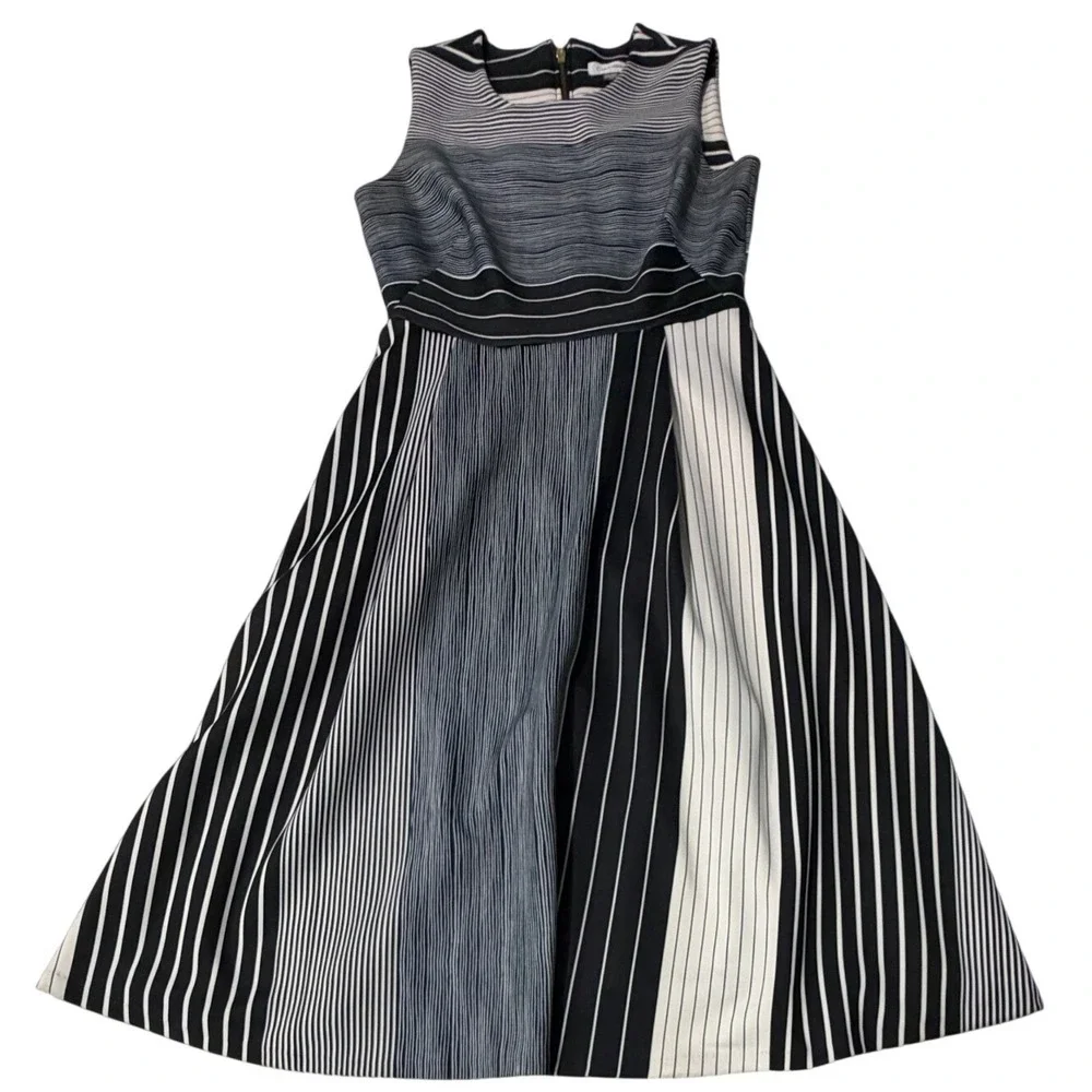 Calvin Klein Womens Black White Striped Fit Flare‎ Dress Moon Zipper Size 10